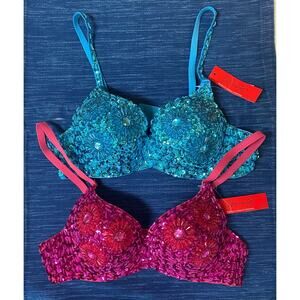 Pair New Youmita Intimates Sequin Bra Blue Purple L/XL NWT Jeweled Belly Dancer
